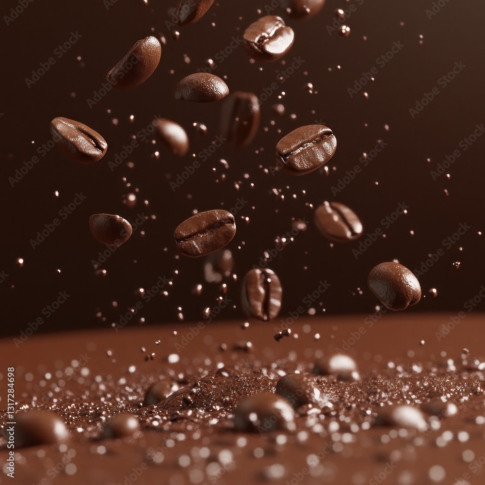 Fototapeta premium Coffee beans in mid-air, splashing down