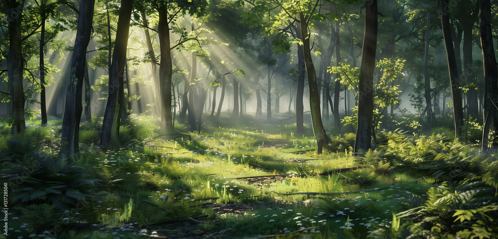 Obraz premium A tranquil forest landscape bathed in sunlight, where rays filter through the leafy green canopy, creating a serene and calming atmosphere.