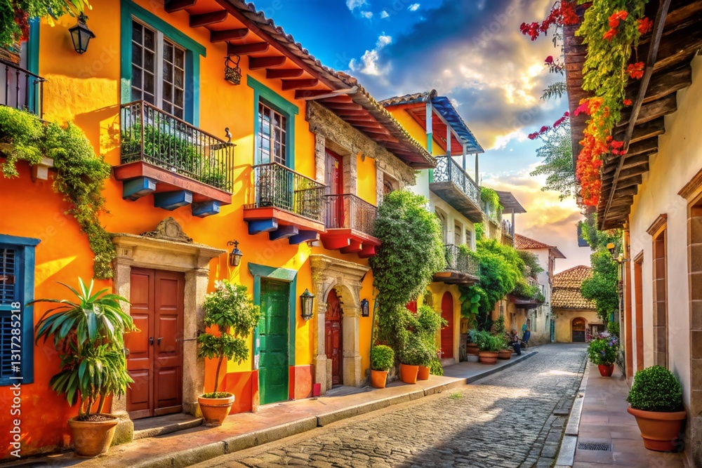 Fototapeta premium Vibrant Colorful Street Scene in a Charming South American Town with Colonial Architecture