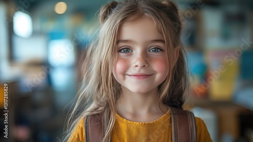 Wallpaper Mural A smiling young child with curly hair stands in a brightly lit classroom, wearing a striped shirt and a green hoodie, with a backpack slung over their shoulders. Torontodigital.ca