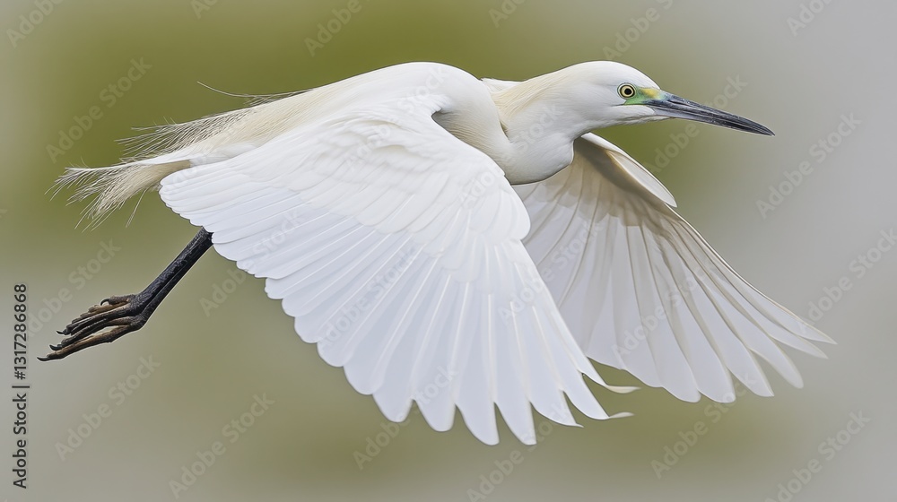 White egret in flight against a blurred olive green background. The bird's wings are fully extended, showcasing detailed feathers. The lighting is soft and natural. White egret in flight against a blurred olive green background. The bird's wings are fully extended, showcasing detailed feathers. The lighting is soft and natural.
