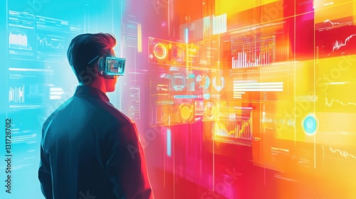 Man Wearing Virtual Reality Headset Analyzing Digital Data Visualizations
