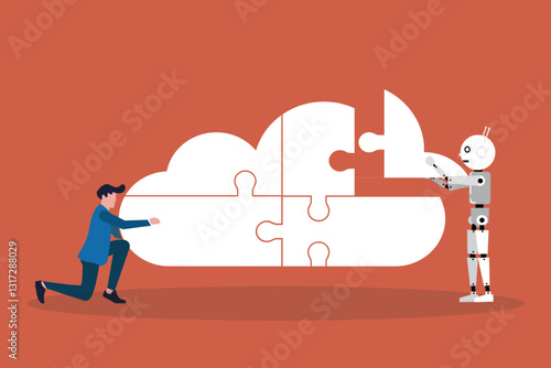 Cloud computing jigsaw puzzle with businessman and robot collaborative working. concept team work, opportunity, artificial intelligence and success