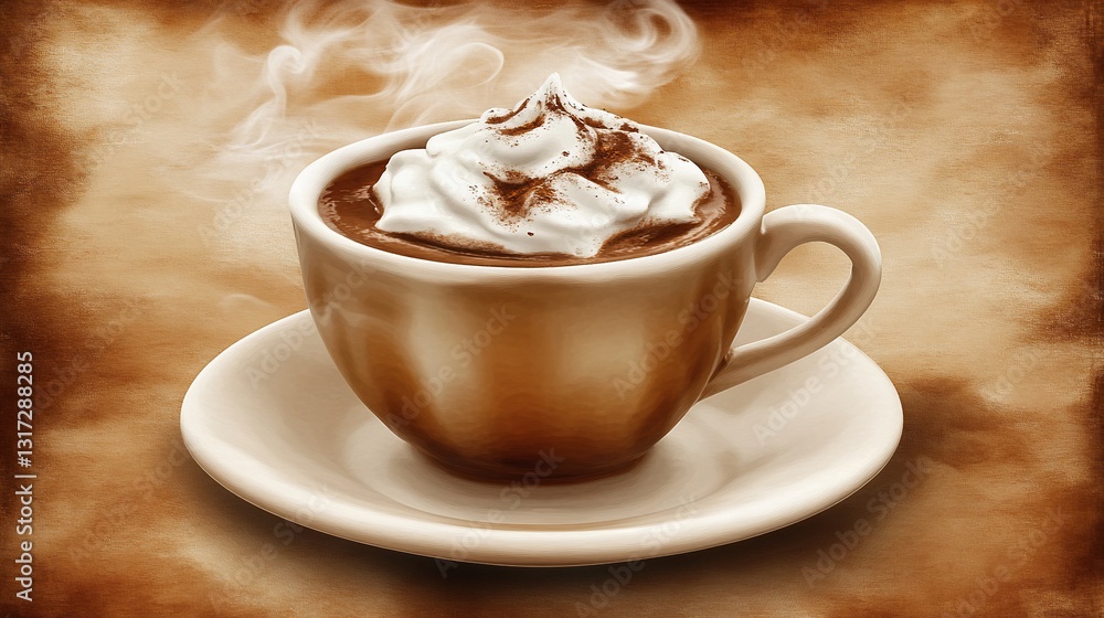Steaming hot chocolate, whipped cream, sepia background, cafe drink Steaming hot chocolate, whipped cream, sepia background, cafe drink