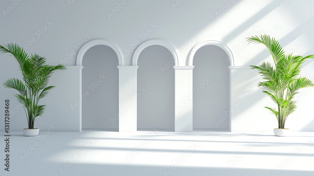 Fototapeta premium Modern Minimalist Interior Design with Arches and Green Plants in Bright Sunlight