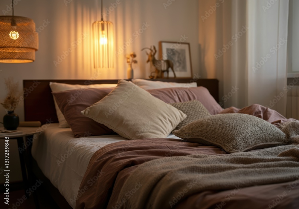 Fototapeta premium Cozy bedroom with soft pillows and warm lighting for a relaxing atmosphere