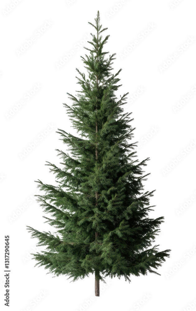 A tall evergreen tree stands alone on a white background. The tree is full of green leaves and he is healthy and strong. Concept of peace and tranquility, as the tree stands tall and proud A tall evergreen tree stands alone on a white background. The tree is full of green leaves and he is healthy and strong. Concept of peace and tranquility, as the tree stands tall and proud