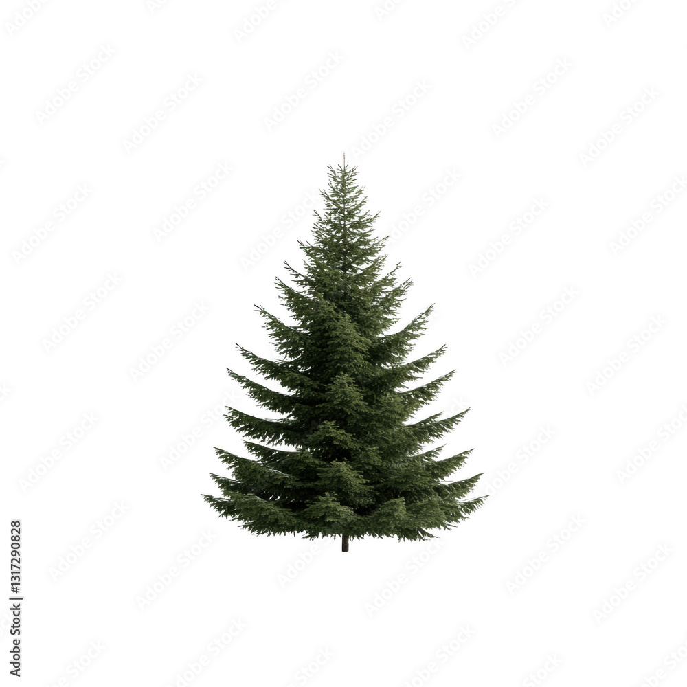 A tall evergreen tree stands alone on a white background. The tree is full and green, with no visible signs of damage or disease. Concept of peace and tranquility, as the tree stands tall and proud A tall evergreen tree stands alone on a white background. The tree is full and green, with no visible signs of damage or disease. Concept of peace and tranquility, as the tree stands tall and proud