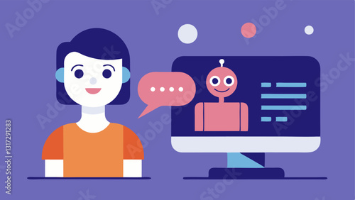 Moderator with AI Companion An illustration of a content moderator interacting with a friendly AI chatbot on their computer screen displaying a userfriendly interface for reporting