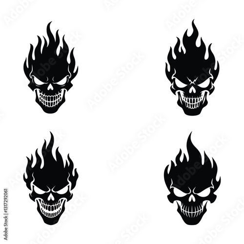 Aggressive flaming skull vector set, 4 black fire demon head icons in EPS format, gothic biker tattoo art with burning cranium silhouettes, evil hellfire skeleton mascots for apparel design.