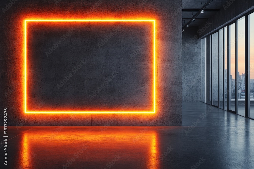 Orange neon square frame on a concrete wall in a modern room with city view. Orange neon square frame on a concrete wall in a modern room with city view.