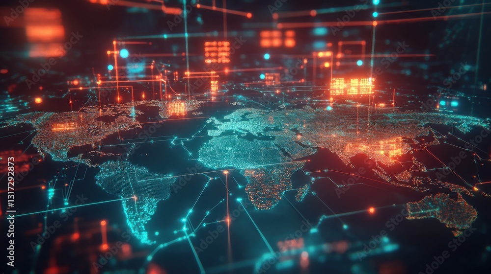 Futuristic Digital World Map with Data Representation and Network Nodes Futuristic Digital World Map with Data Representation and Network Nodes