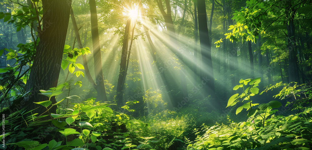 Obraz premium A tranquil forest landscape bathed in sunlight, where rays filter through the leafy green canopy, creating a serene and calming atmosphere.