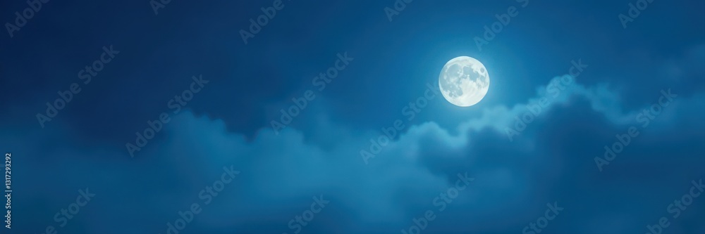 Deep blue foggy sky, half-moon partially obscured by clouds , celestial, blue