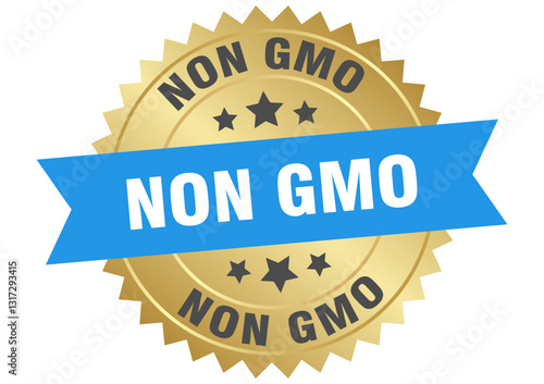 non gmo. non gmo round blue and gold label isolated on transparent background