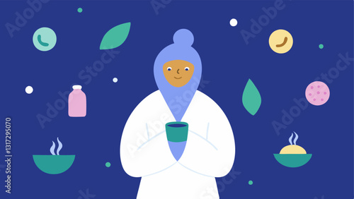 SelfCare Ritual A person in a plush robe enjoying a sheet mask while sipping herbal tea with exosome symbols creating a soothing aura around them.