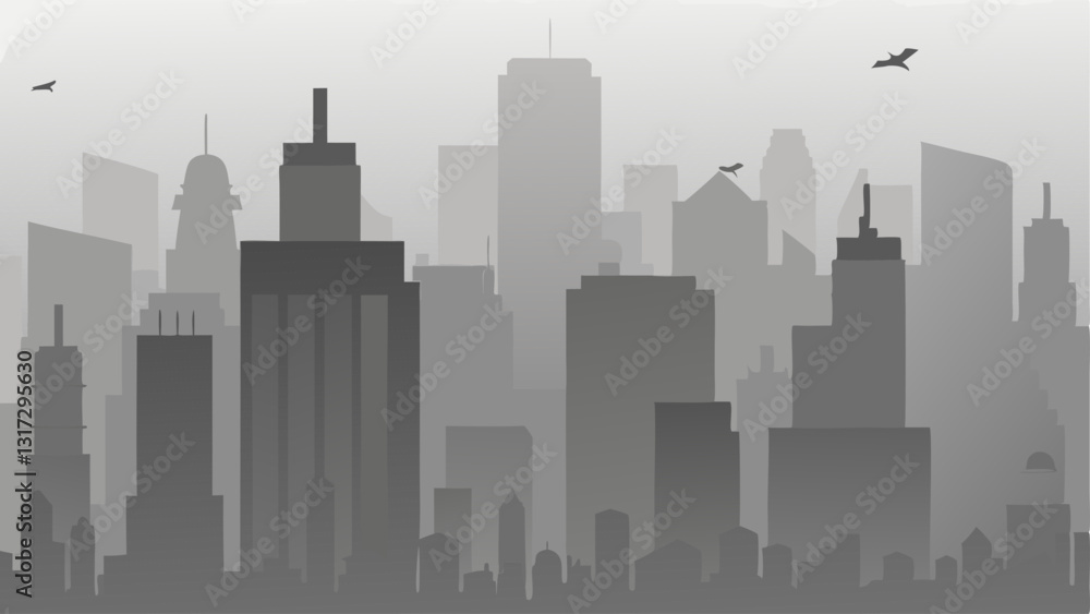 Smog Over Skyscrapers A city skyline shrouded in thick gray smog with silhouettes of tall buildings ly visible. A few tered birds are flying struggling to navigate through the hazy Smog Over Skyscrapers A city skyline shrouded in thick gray smog with silhouettes of tall buildings ly visible. A few tered birds are flying struggling to navigate through the hazy