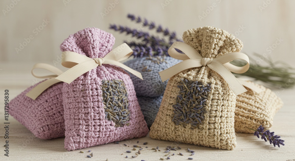 Handmade Lavender Sachets with Bows on Wooden Table for Aromatherapy Handmade Lavender Sachets with Bows on Wooden Table for Aromatherapy