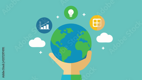 Hand Holding Earth A hand cradling a globe to represent environmental awareness. Above a thought bubble shows rising stock symbols indicating that sustainable practices drive