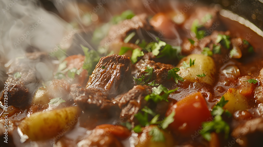 Close-Up Side View of Delicious Goulash Dish with Vegetables and Herbs Steaming on a Plate Close-Up Side View of Delicious Goulash Dish with Vegetables and Herbs Steaming on a Plate