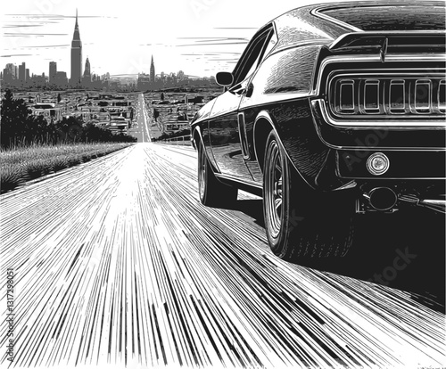 Classic car speeding on highway with city in background, halftone vector drawing. EPS 10 version.