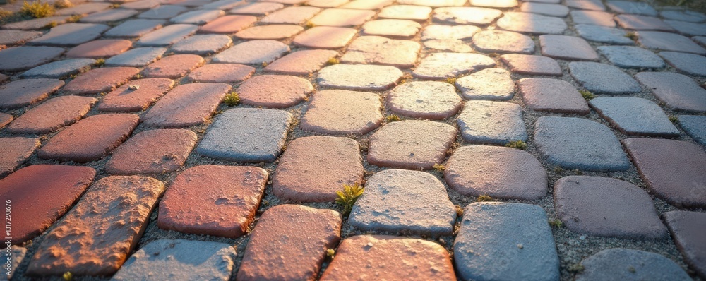 Fototapeta premium Neatly arranged paving stones, geometric pattern, overhead, brick