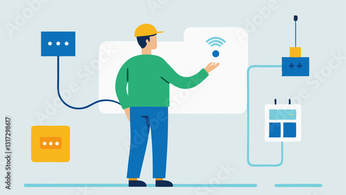 Installing a Smart Hub A technician mounts a smart home hub on a wall connecting various cables while explaining the connectivity to a homeowner who observes nearby.