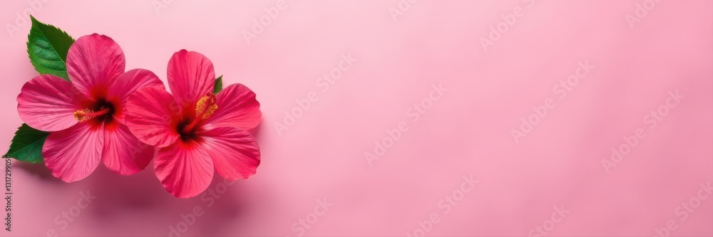 Fototapeta premium Pink background, two vibrant hibiscus blossoms , nature, tropical, serenity