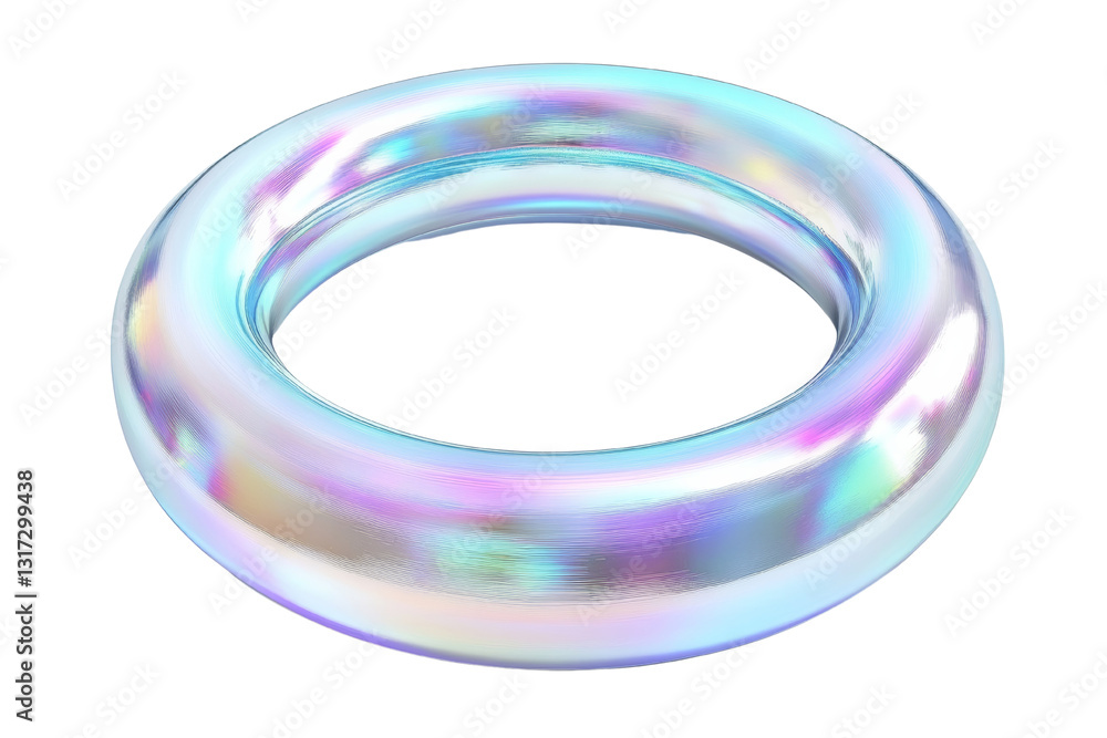 Colorful, reflective ring with a shiny surface. Futuristic holographic torus with an iridescent, reflective surface displaying rainbow-like colors. Abstract 3D shape isolated on a white background. Colorful, reflective ring with a shiny surface. Futuristic holographic torus with an iridescent, reflective surface displaying rainbow-like colors. Abstract 3D shape isolated on a white background.