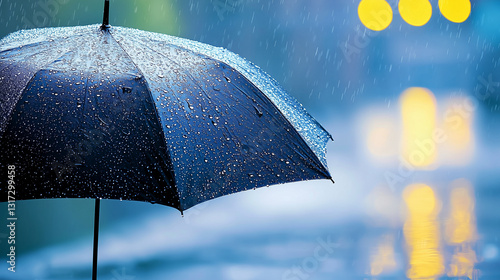 A solitary umbrella in a rainstorm with reflections and puddles