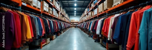Rows of clothing racks filled with garments in a warehouse , clothes, supply chain, retail
