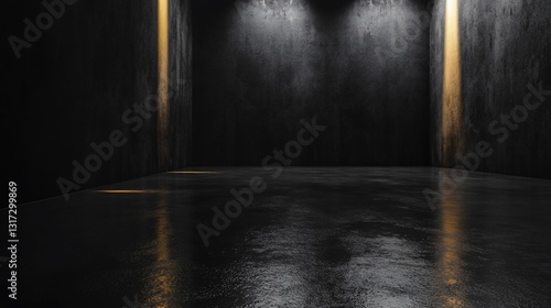 Dark Concrete Room with Golden Light Beams Illuminating Polished Floor, Mysterious and Dramatic Ambiance