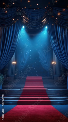 Elegant red carpet entrance with blue curtains and dramatic lighting at a gala event