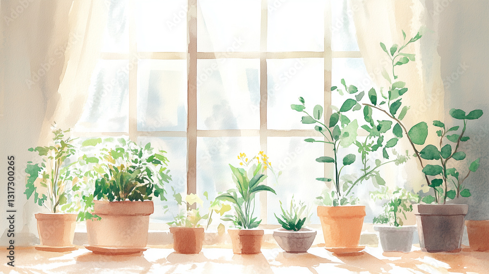 Watercolor illustration of potted plants on a sunny windowsill Watercolor illustration of potted plants on a sunny windowsill
