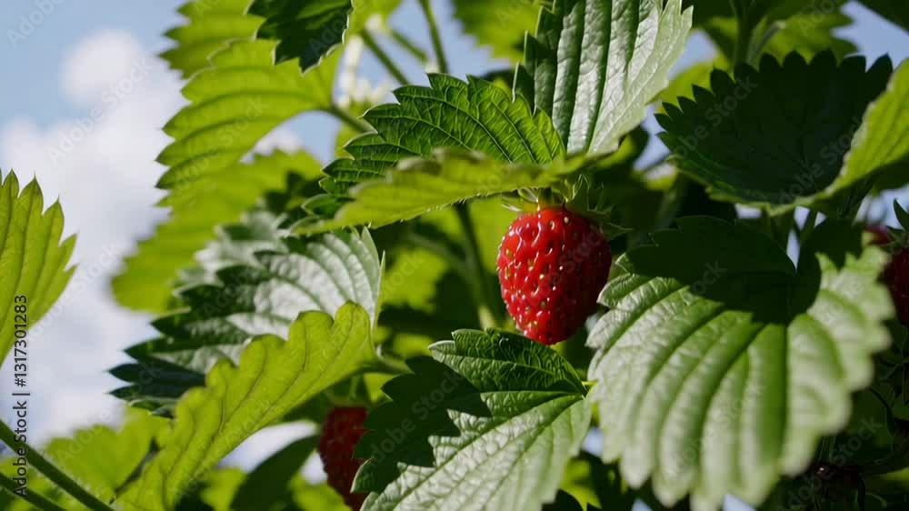Closeup view of Fresh Strawberries accompanied by Lush Green Leaves surrounding them Closeup view of Fresh Strawberries accompanied by Lush Green Leaves surrounding them