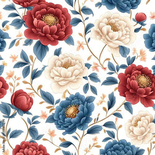 Wallpaper Mural Colorful Floral Pattern with Blue, White, Red, and Pink Blossoms on Soft Cream Background Torontodigital.ca