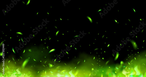 Green neon flying luminous particles and fire flame. Green magic shining smoke, poison toxic effect rising on a black background.