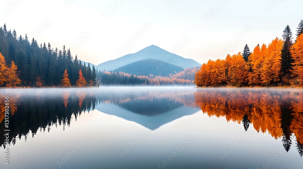 Obraz premium Tranquil Autumn Landscape with Calm Lake and Vibrant Orange Foliage Reflecting Mountains