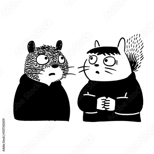 Whimsical encounter between a raccoon and a cat sharing a curious moment in a minimalistic style