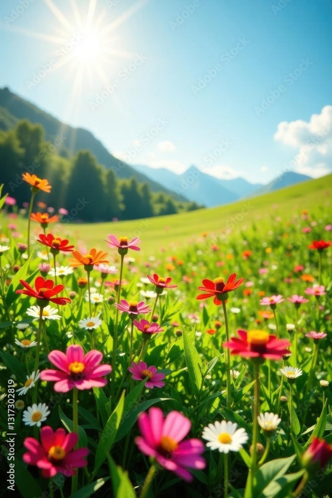 Fototapeta premium Sun-drenched field of wildflowers, diverse blooms , outdoor, nature