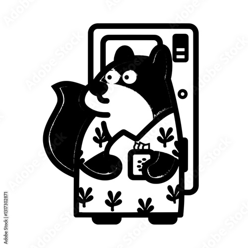 Charming vector illustration of a whimsical bear snacking by a refrigerator on a cozy afternoon