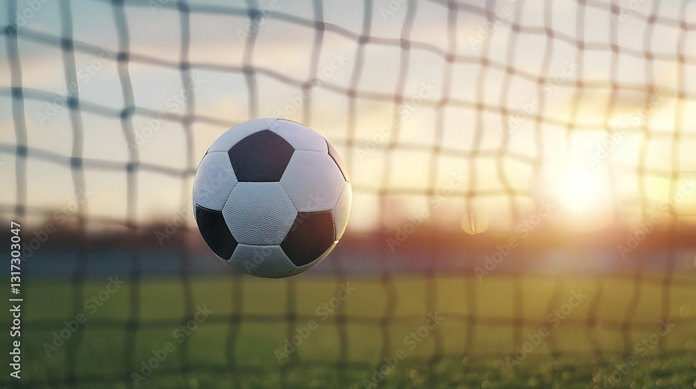 Fototapeta premium Classic Black And White Soccer Ball Hovering In Front Of Goal At Sunset In Stadium