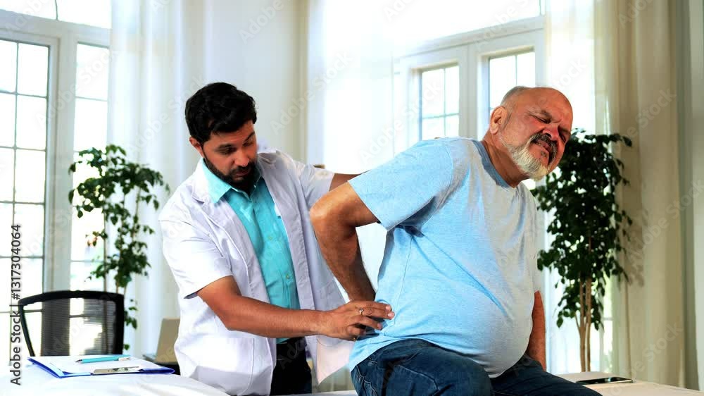 Indian Asian male physiotherapist examining senior retired patient with chronic back pain in a lavish clinic, ensuring precise diagnosis and effective rehabilitation for pain relief and improved mobil