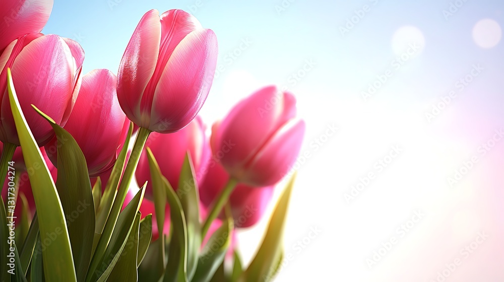Obraz premium Beautiful Pink Tulips in Bloom Against a Soft Background with Gentle Bokeh Effect