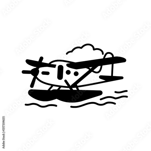 Seaplane gliding gracefully over tranquil waters with fluffy clouds in a serene sky captured in a minimalistic vector style