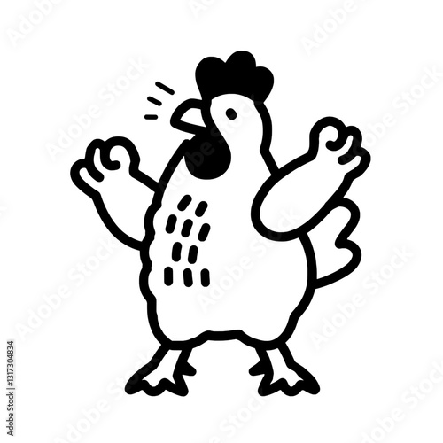 Cheerful cartoon chicken dancing and clucking, spreading joy in a whimsical farmyard setting full of vibrant colors