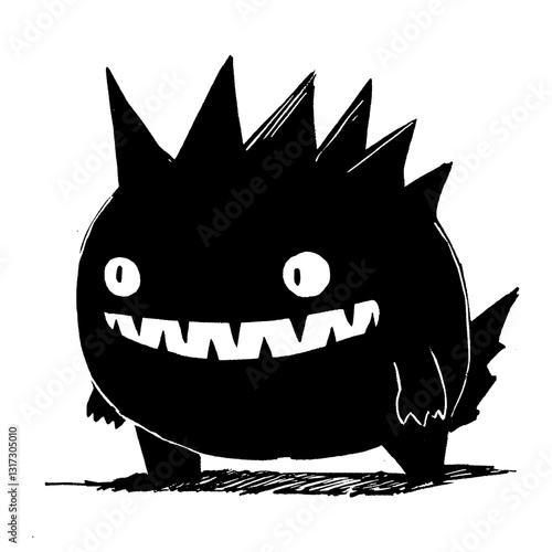 Unique black creature with spiky features and a mischievous grin in an imaginative design style