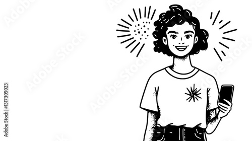 Creating connections through technology with a cheerful person and a phone in hand, celebrating joyful moments