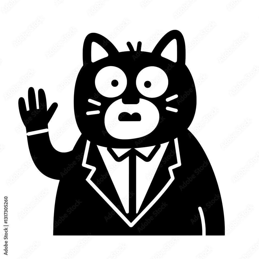 Charming cat in a tuxedo waving cheerfully with a whimsical expression during a playful gathering Charming cat in a tuxedo waving cheerfully with a whimsical expression during a playful gathering