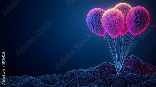 Three Illuminated Pixelated Balloons Floating Above A Dark Blue Digital Landscape With Glowing Particles